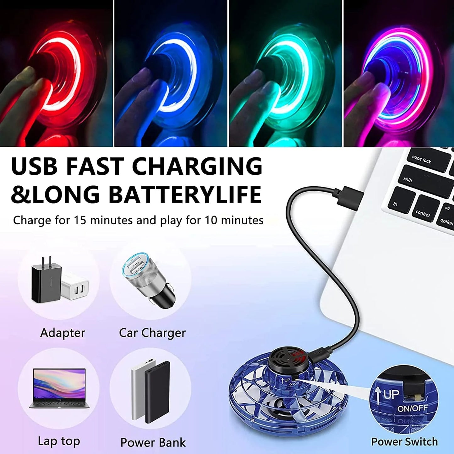 Flying Spinner Mini UFO Drone for Kids, Flying Fidget Spinner UFO Toy Drone, Flying Orb Ball Hand Operated with 360 ° Rotating and LED Lights for Adult and Kids (Blue)