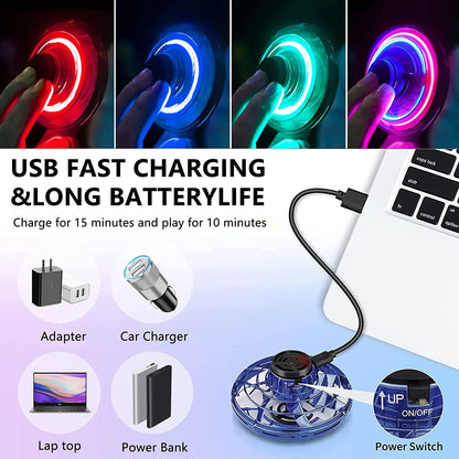 Flying Spinner Mini UFO Drone for Kids, Flying Fidget Spinner UFO Toy Drone, Flying Orb Ball Hand Operated with 360 ° Rotating and LED Lights for Adult and Kids (Blue)