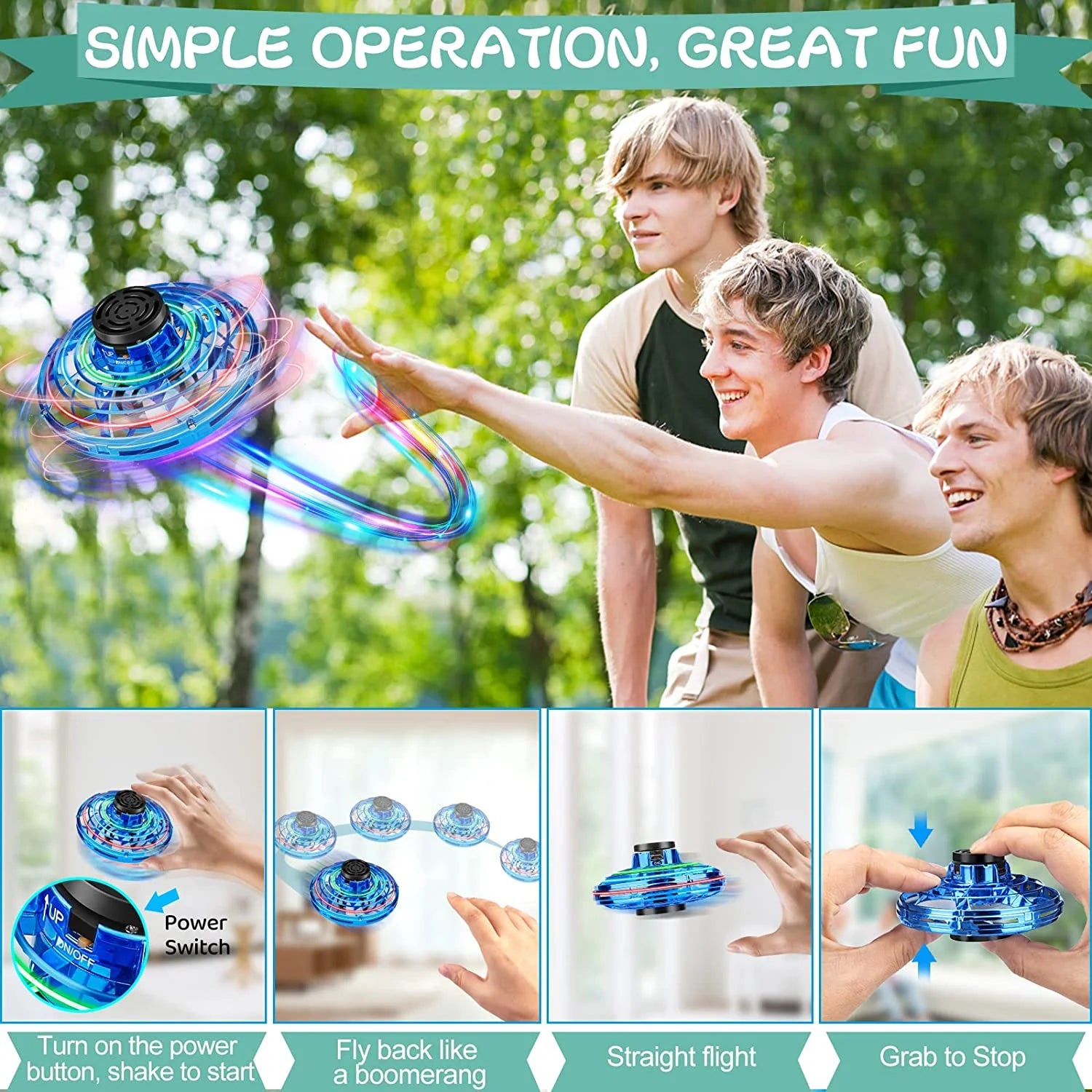 Flying Spinner Mini UFO Drone for Kids, Flying Fidget Spinner UFO Toy Drone, Flying Orb Ball Hand Operated with 360 ° Rotating and LED Lights for Adult and Kids (Blue)